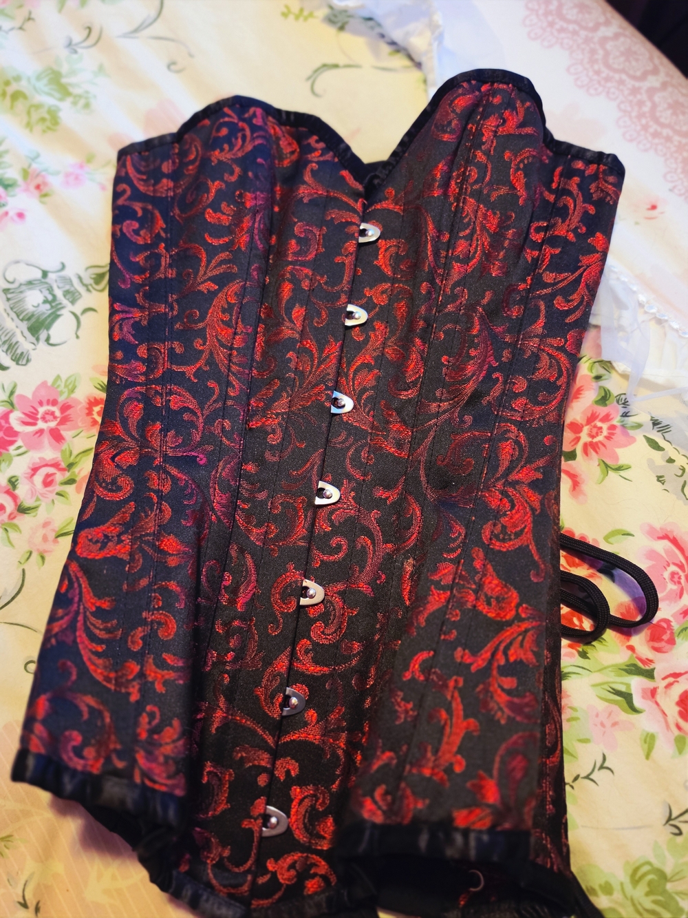 Black and Red Brocade Steel-Boned Corset